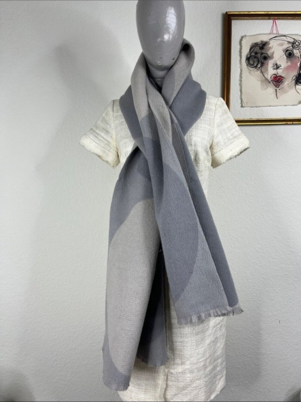 Club Monaco Oversized Gray & Cream Two-Tone Wool Sweater Scarf
